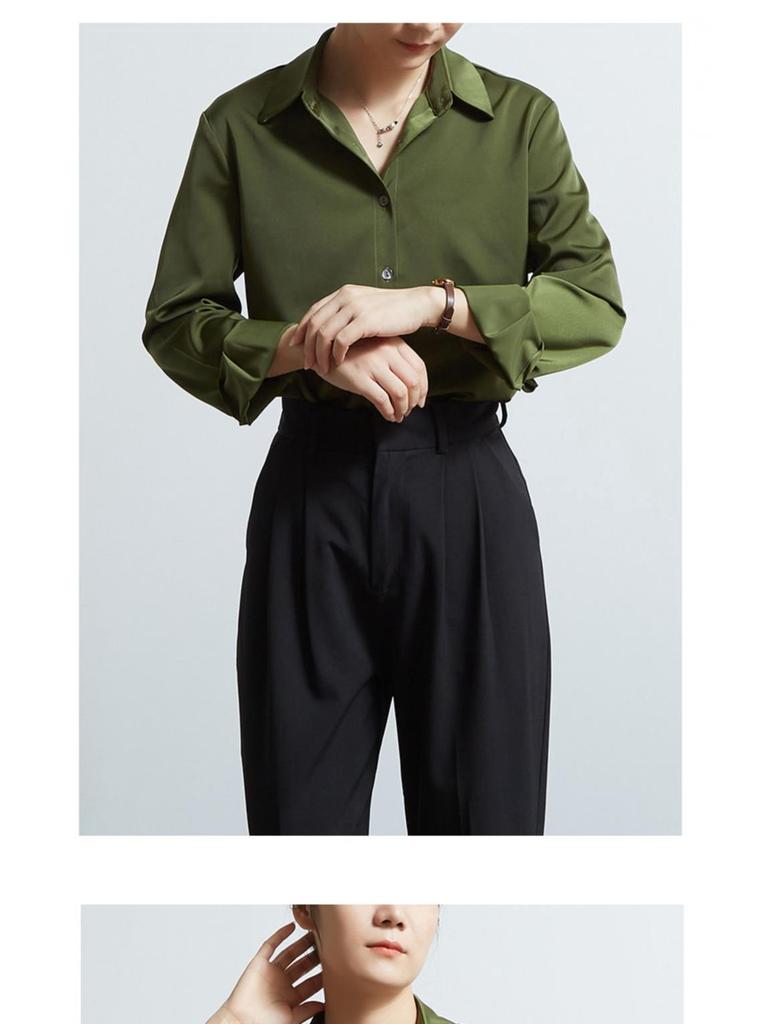 Women's Acetate Satin Long Sleeve Shirt - 2025 Spring & Autumn Petite Collection, French-Inspired High-End Design