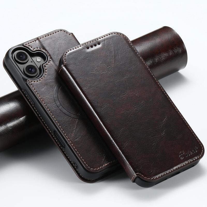 For iPhone 12 13 14 15 16 17 Pro Max Plus Phone Case Flip Card MagSafe Magnetic Wireless Charging Stand Oil Wax Leather Cover