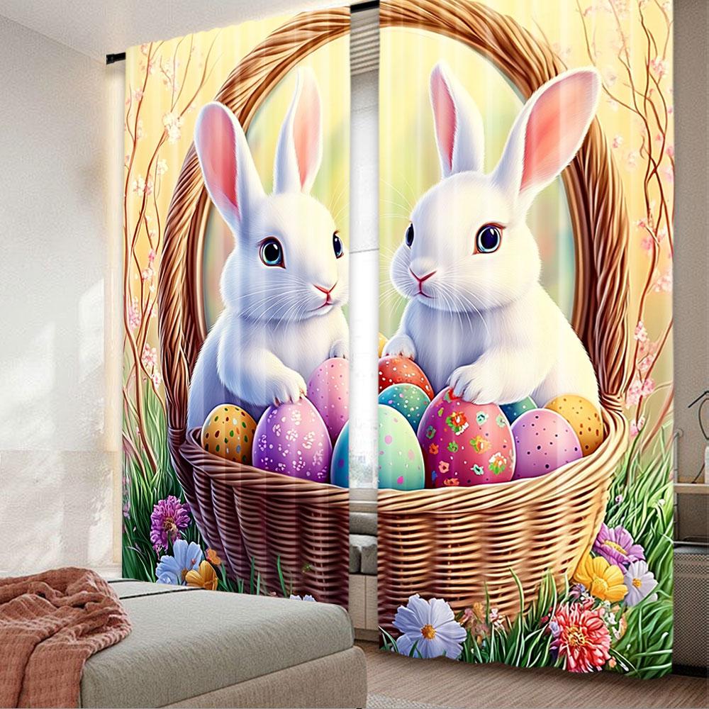 

Vintage Rabbit Print Curtains Modern Style Living Room Bedroom Kitchen Easter Decor Many Other Occasions Curtain Set Of 2 Elegant Made Polyester W100*H70(CM)-Grommet top&2PCS