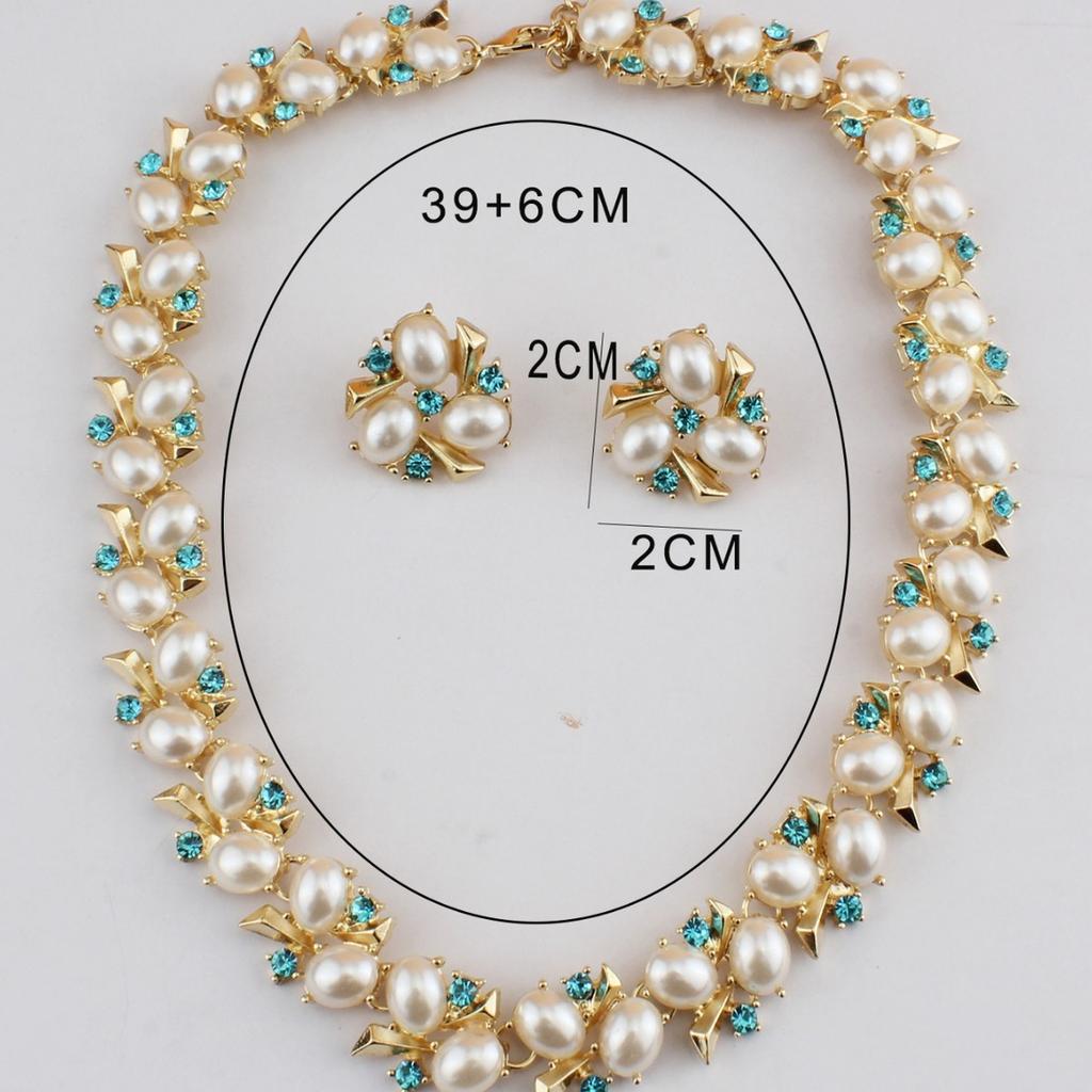 Vintage Turquoise Artificial Pearl Inlay Jewelry Set Necklace Earrings Elegant Statement Accessories for Women