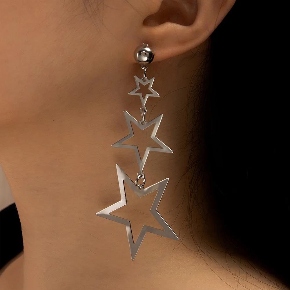 New Fashion Silver Color Pentagram Earrings for Women Charm Hollow Five-pointed Star Stainless Steel Dangle Earrings Jewelry