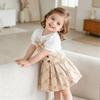 2PCS Baby Girl Puff Sleeve Ribbed Top & Bow Print Pleated Skirt Set, Cute Daily Outfit
