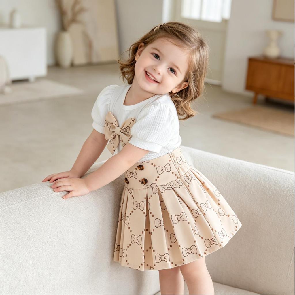 2PCS Baby Girl Puff Sleeve Ribbed Top & Bow Print Pleated Skirt Set, Cute Daily Outfit