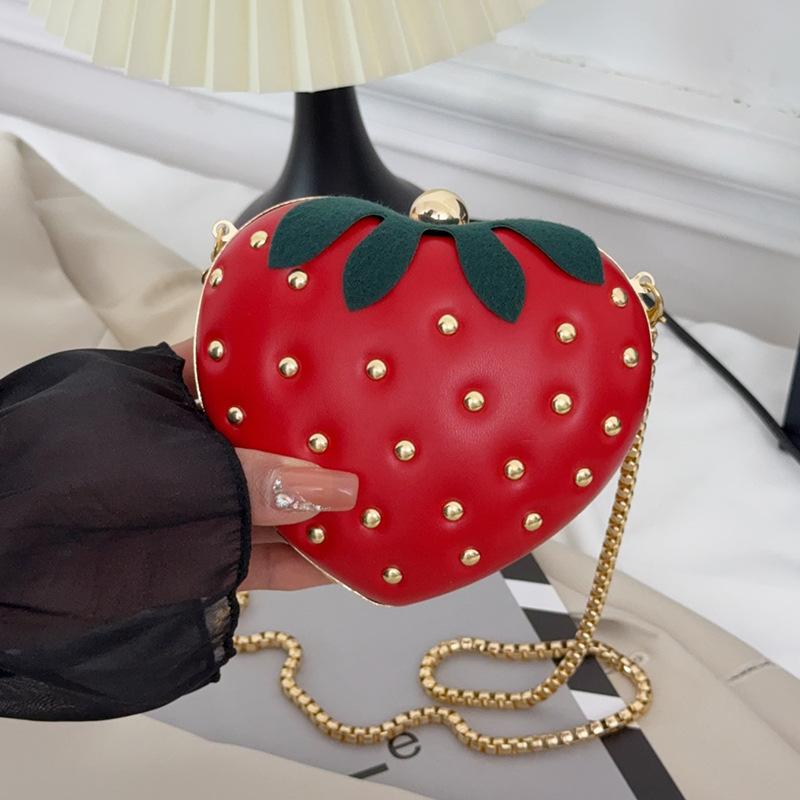 Strawberry Print Red Leather Crossbody Bag Gold Studs Chain Strap Lovely Mini Shoulder Purse for Girls Party Gift