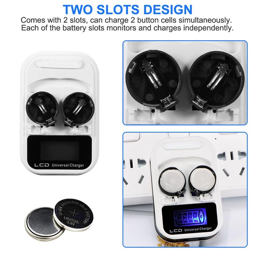 Smart LCD US EU Stecker Knopfzellen-Batterieladegerät für LIR2032 LIR2025 LIR2016 2 Slot