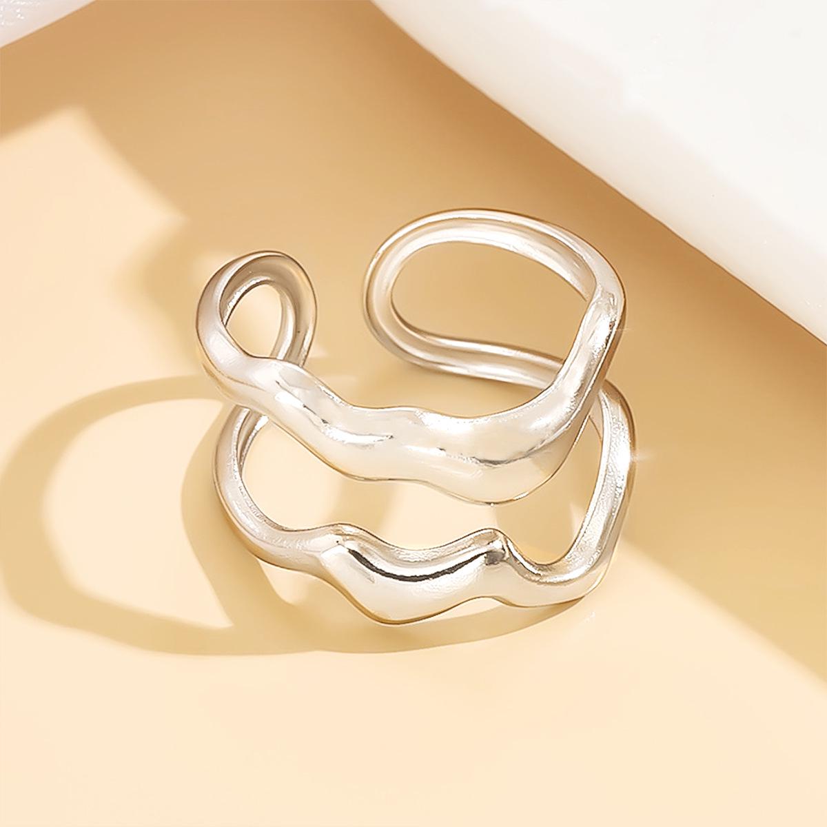 Stainless Steel Geometric Adjustable Open Ring with Double Irregular Lines