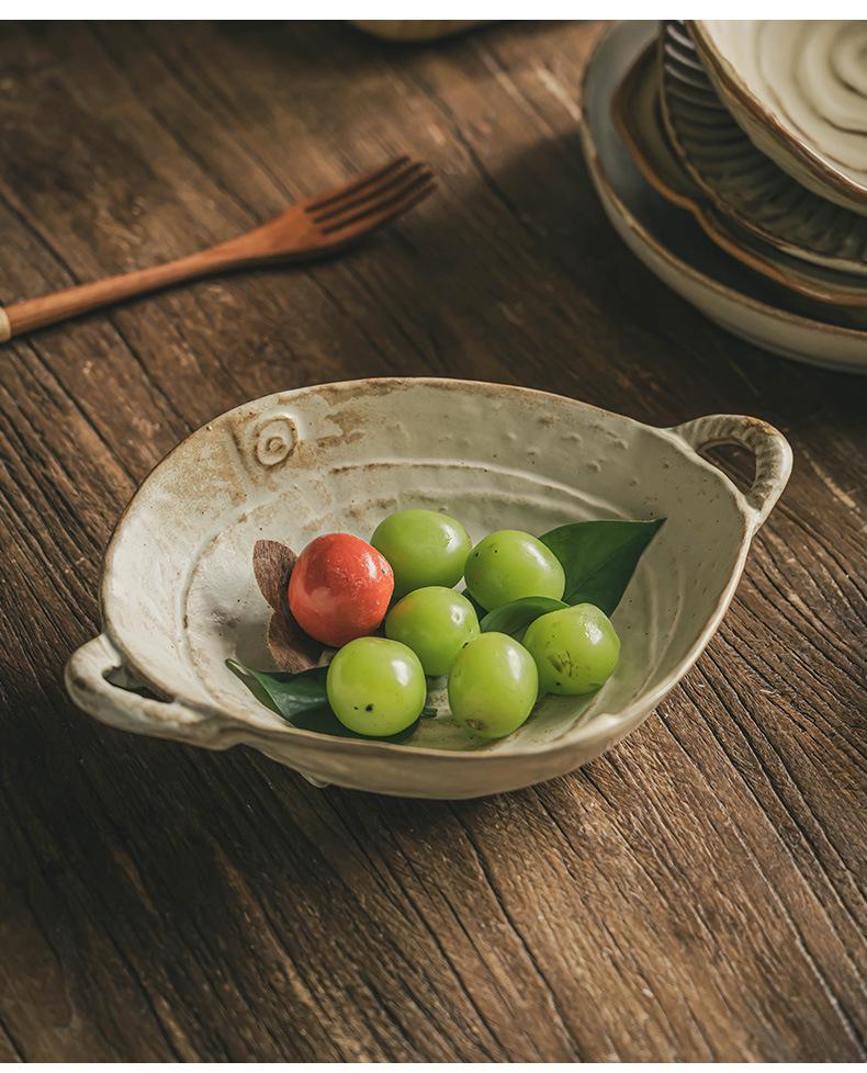 Handcrafted Double-Ear Coarse Pottery Bowl: Elegant Tableware for Salads, Fruits, and More