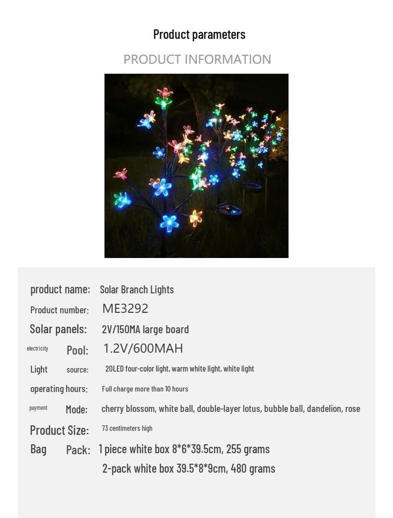 Solar Cherry Blossom Waterproof Outdoor Branch Lawn Lights, Warm Decorative Courtyard Lights for Holidays