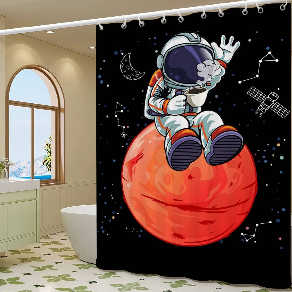 Cartoon Space Astronaut Simple Shower Curtain Bathroom Shower Curtain Easy To Clean And Scrub Polyester Waterproof Light Opaque