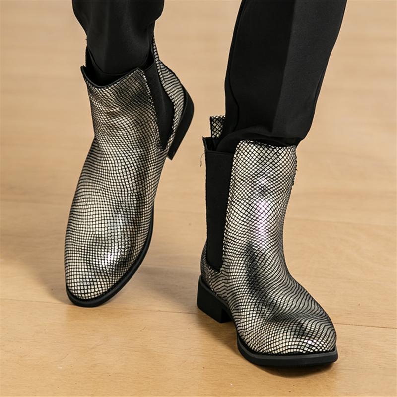 Wniter New Designer Fashion Gold Silver Slip on Chelsea Ankle Boots for Men Luxury Brand High Top Platform Shoes Zapatos Hombre
