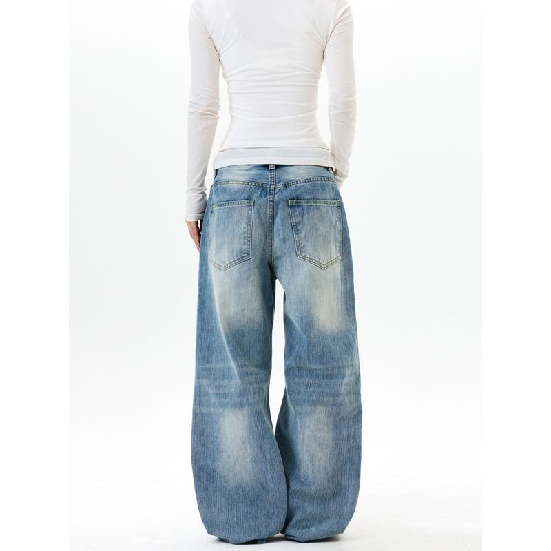 Kisko American Retro Bamboo Texture Washed Blue Drapey Jeans for Men and Women, Cool and Loose Straight-Leg Long Pants