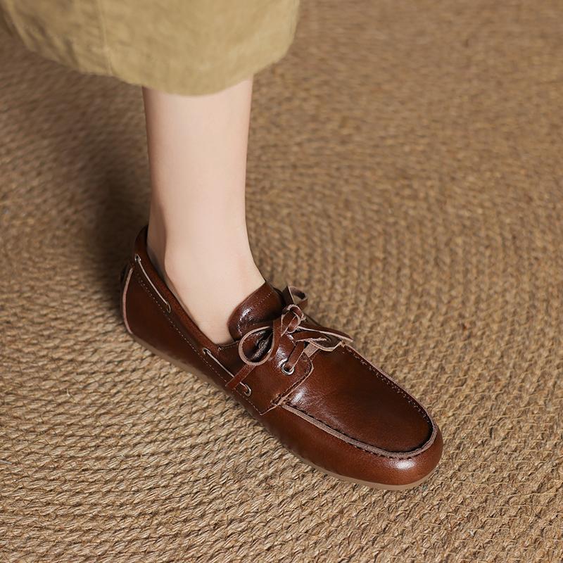 Fashion 2025 New Spring Genuine Leather Women Shoes Round Toe Women Flats Shoes for Women Retro Lace Up Loafers Fashion Ladies Shoes