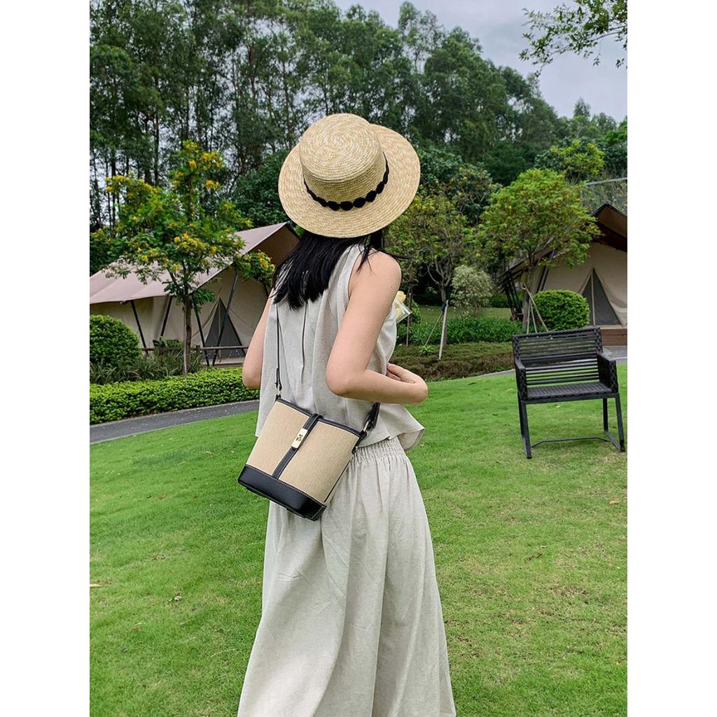 Cowhide canvas splicing bucket bag women's 2025 summer shoulder oblique span bag casual versatile underarm bag Korean version tide