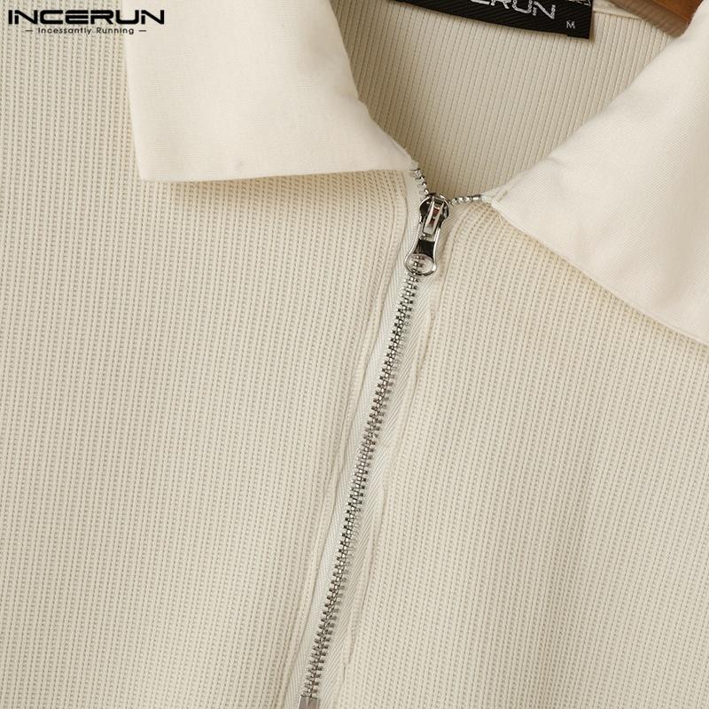 INCERUN Letnie Męskie Koszulki Polo z Zamkiem i Teksturą, Krótki Rękaw, Casualowe Top