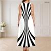 Women Plus Size Round Neck Sleeveless Maxi Dress Black White Swirl Printed Triple Keyhole Cutout