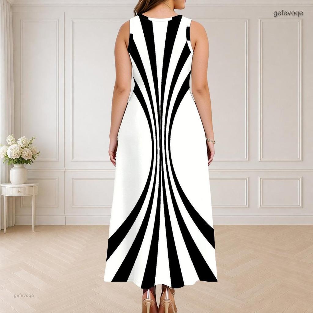 Women Plus Size Round Neck Sleeveless Maxi Dress Black White Swirl Printed Triple Keyhole Cutout