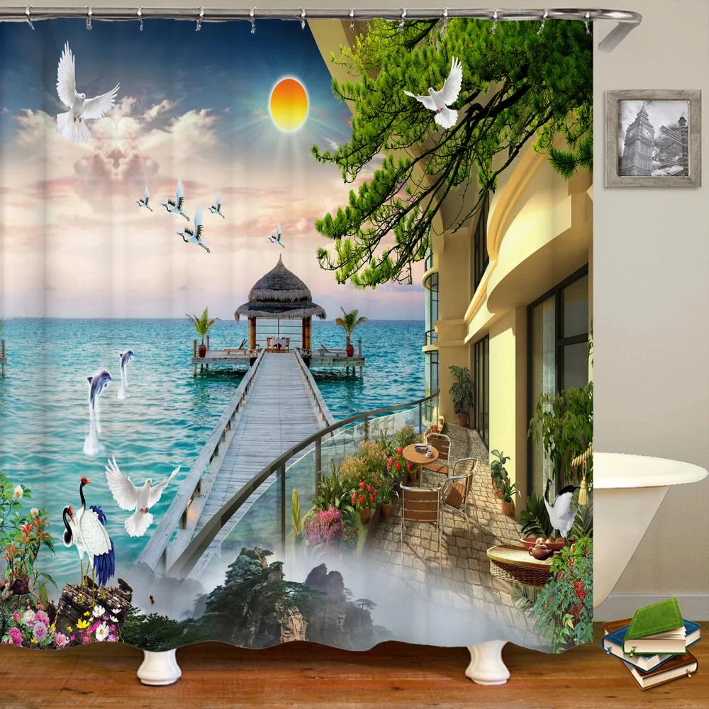 Badrum Vattentät Duschdraperi Polyester 3D Berg Trädgård Havssida Vacker Blomma Landskapstryck Hemdekoration Draperi