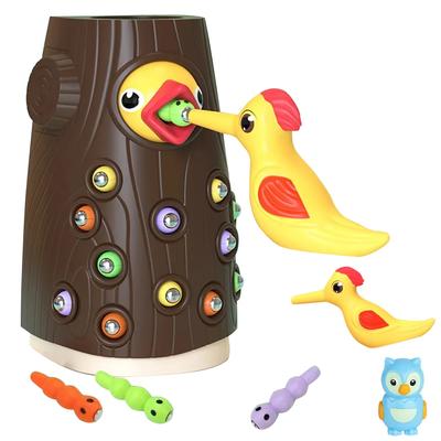 Montessori Baby Wooden Toys Magnetic Woodpecker Catching Worms Feeding Fishing Game Set Educational Toys for Kids Birthday Gift