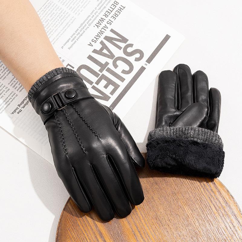 Men's Genuine Leather Gloves  Three Rib Gloves Thickened Sheepskin with Fleece Windproof and Warm Gloves for Driving and Cycling