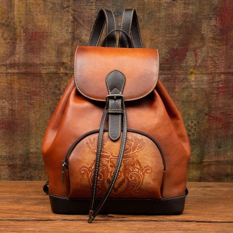 Johnature Tasche Geprägte Frauen Rucksack Weiches Rindsleder Vintage Große Kapazität Outdoor Reisetaschen