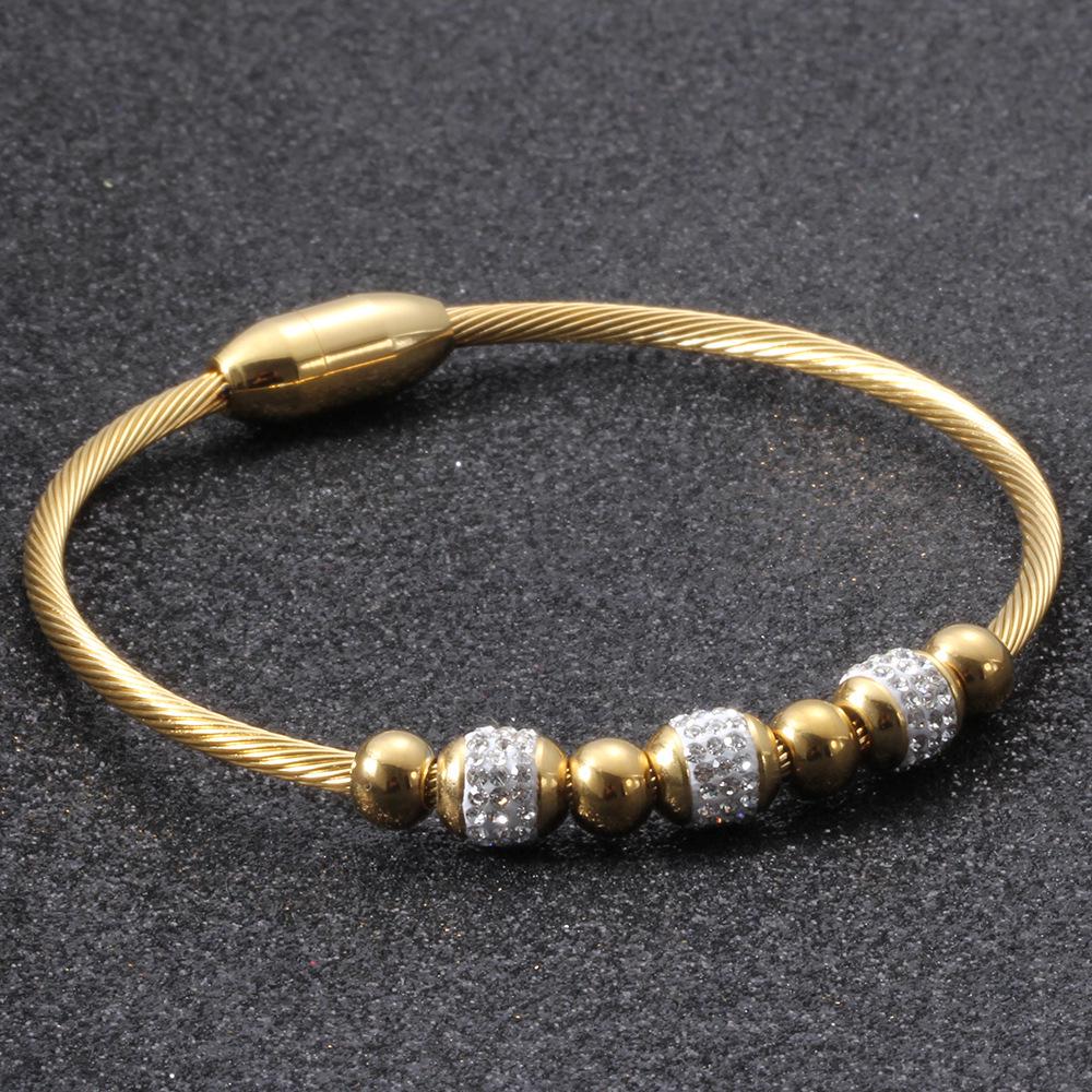 18K Gold Stainless Steel Bracelet with 3MM Magnetic Clasp and Diamond-Paved Cable Wire Design for Women