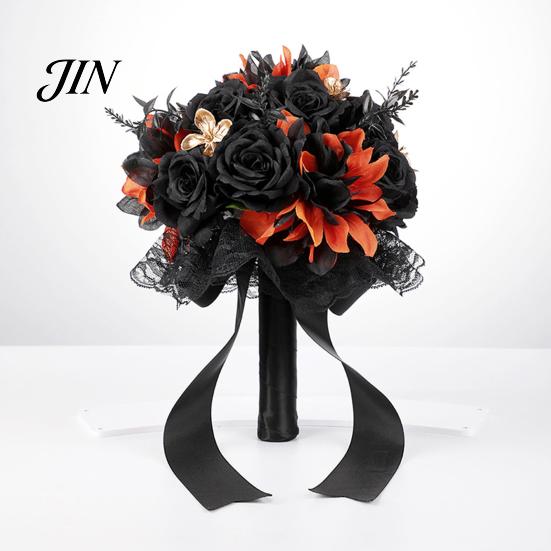 Faux Flower Bouquet Gothic Style Wedding Bouquets for Bride And Bridesmaid, Artificial Halloween Bouquet, Cobweb Arrangement Black Rose Blooms