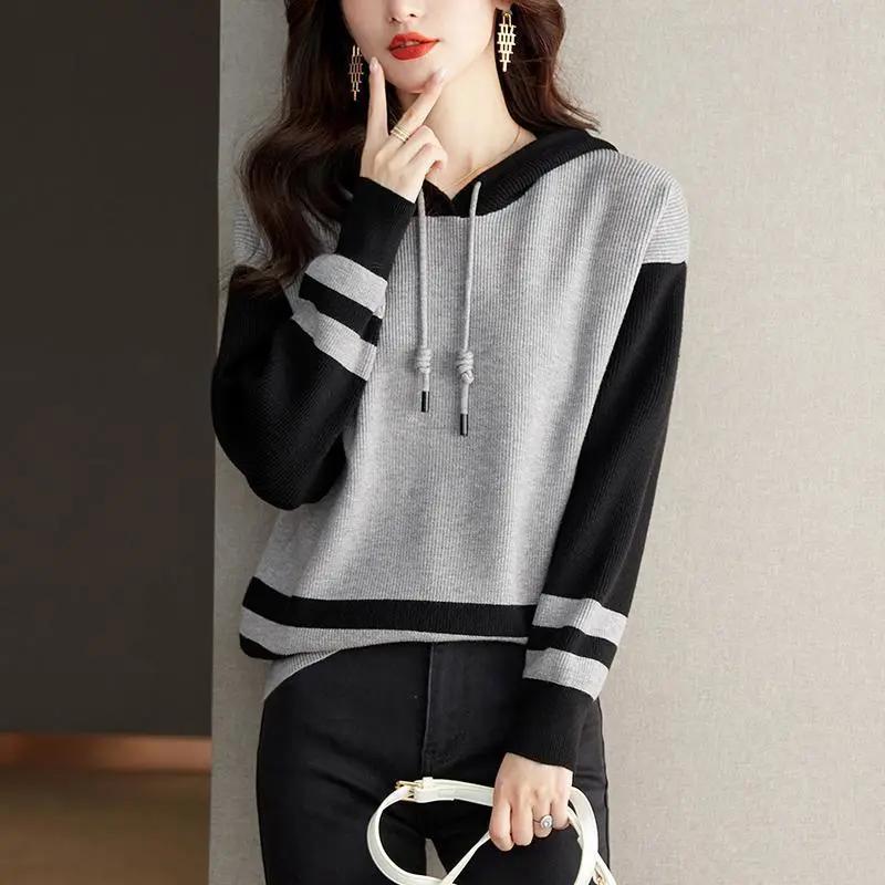 Women's Spring/Fall Color-Block Knit Hoodie Simple Oversized Pullover Sweatshirt