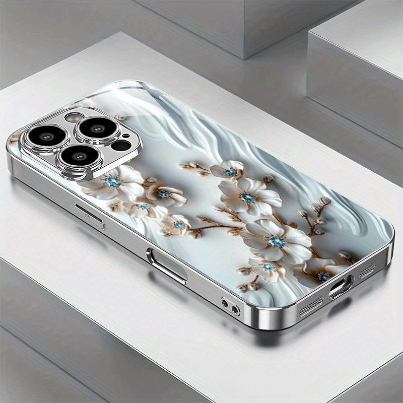 Light White Gilded Flower Pattern Electroplated Silver Tempered Glass New Phone Case for iPhone 17 16 15 14 13 12 11 etc