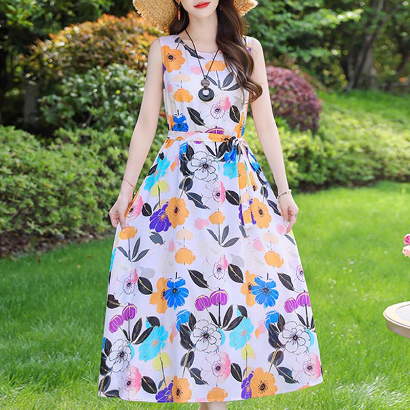 Casual Summer Dresses for Women Vintage Clothes Loose Sleeveless Plus Size Elegant Long Dress With Belt