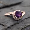 Round Cut Amethyst Ring, 14 K Rose Gold Plated Silver Bezel Engagement Ring with Diamond Accents,