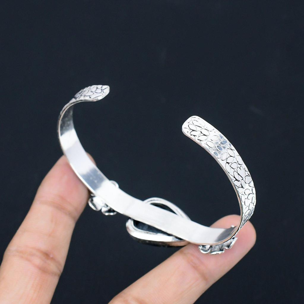Sterling Silver Root Chakra Pear Black Fossil Coral Stone Flower Sister Bangle