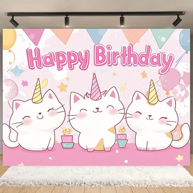 2D Flat Caticorn Happy Birthday Backdrop for Home Party & Photo Booth