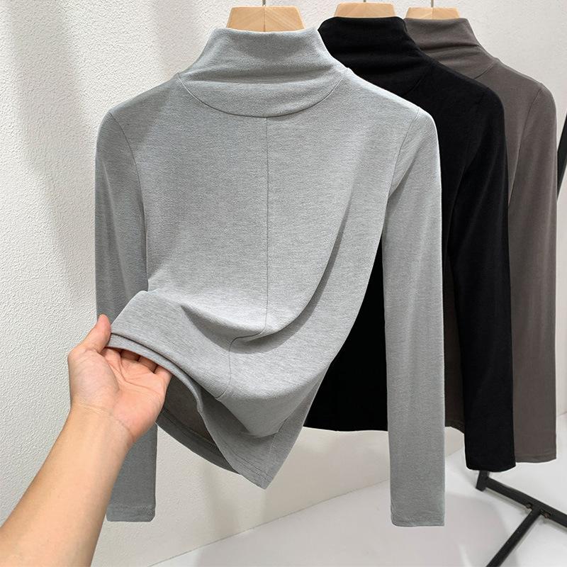 Semi-turtleneck bottoming shirt women's 2025 new women's clothing fashion splicing solid color long-sleeved t-shirt high-end inner top