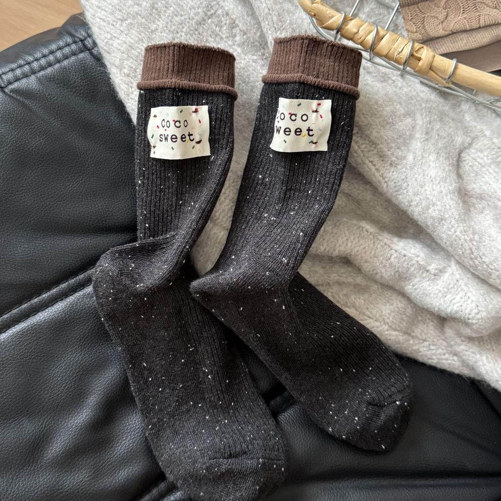 Female Spring and Autumn Retro Color Point Yarn Heel Color Cloth Label in The Tube Pile Socks