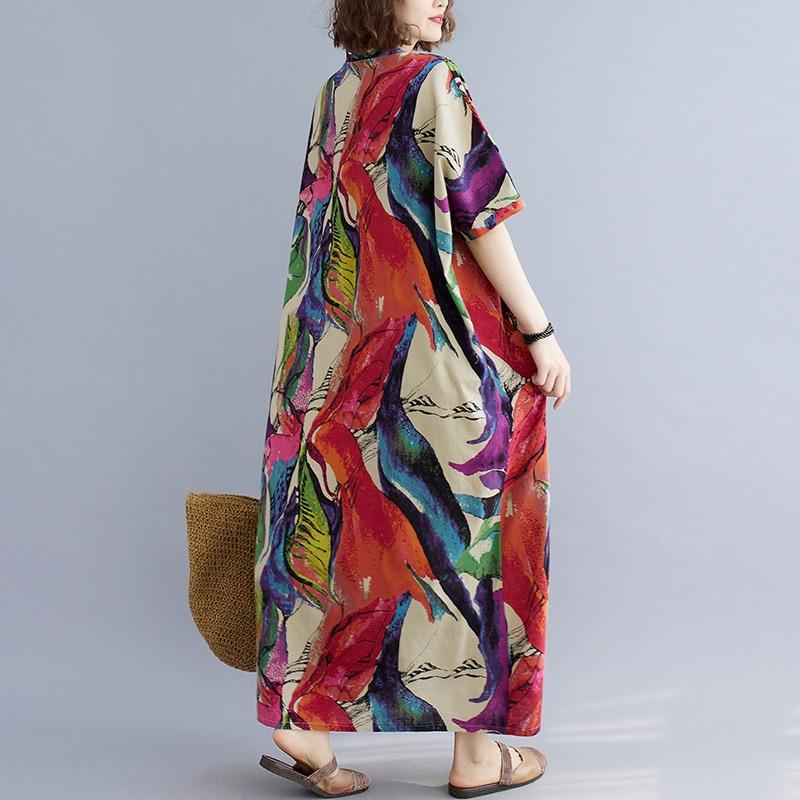 Real Shot Summer New Literary Large Size Loose Printing Cotton and Linen V-neck Short-sleeved Dress Women's Beach Dress