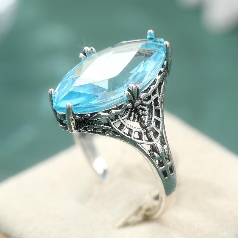 Elegant Inlaid Sea Blue CZ Women's Ring Aesthetic CopperColor Geometry Daily Wear Party Jewelry Anniversary Gift