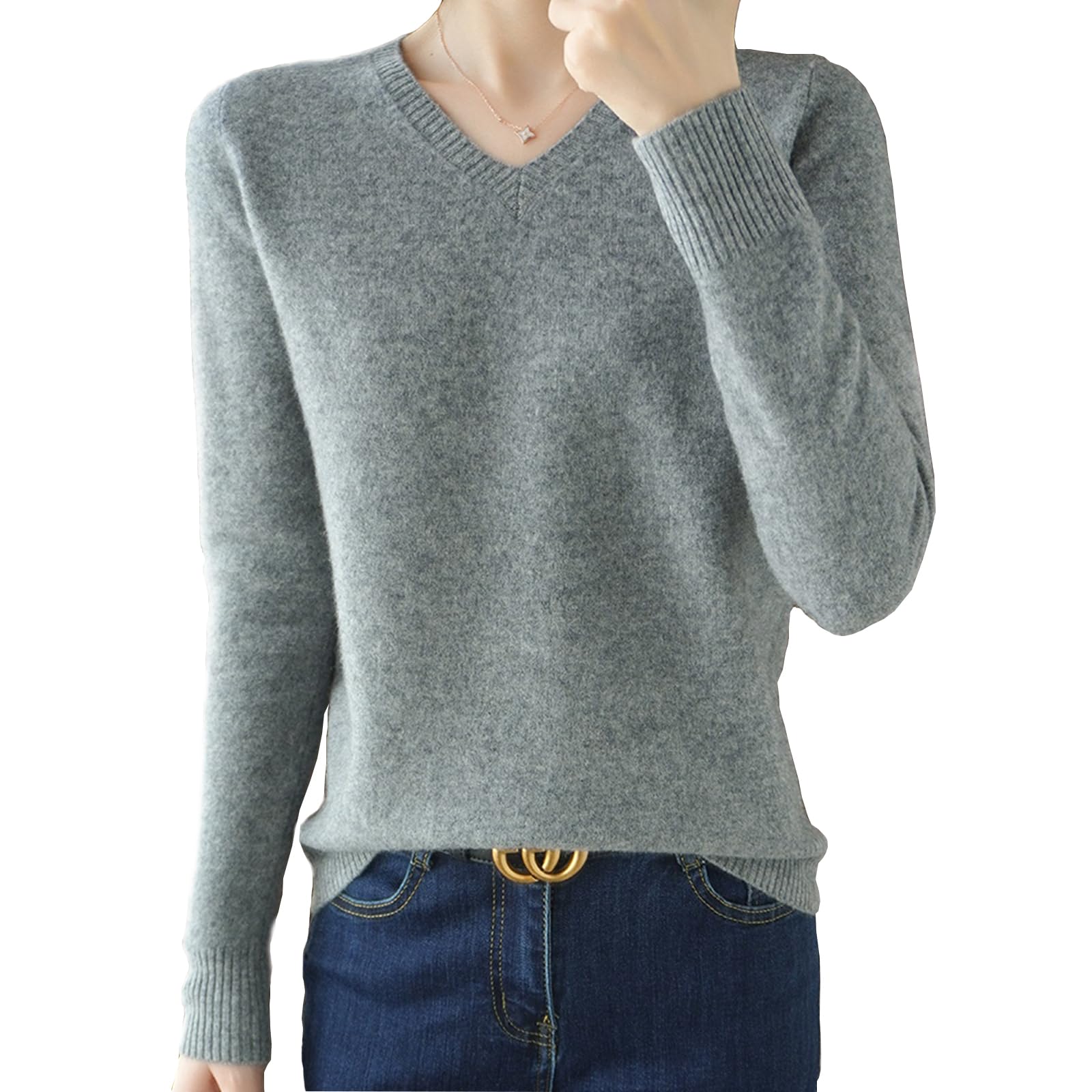 

Tuten Knit Long Solid Women s V-Neck Sweater, Sleeve, Thin, Color, Lightweight, Stretch, Slimming, Office/Casual (Gray-L) серый