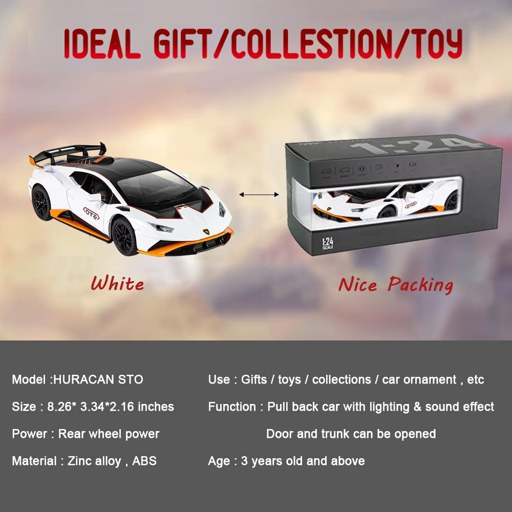 1:24 Scale Alloy Diecast Car Model for Lambo Huracan STO 2021, Pull Back Vehicles Model Cars Toy with Light & Sound for Kids Adult Collection