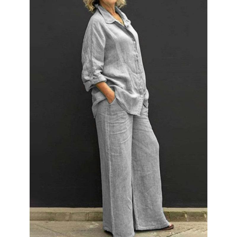 Womens Solid Color Linen Two Piece Set Loose Shirt And Wide Leg Pants