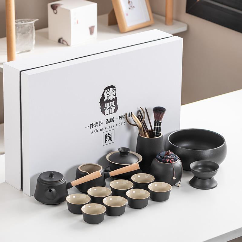 Black Pottery Kung Fu Tea Set Cover Bowl Teapot Tea Cup Tea Set Accessories Complete Tea Tray Business Gifts High-end Gift Box