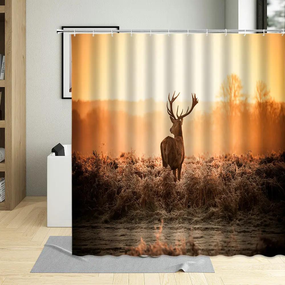 Dämmerung Herbst Grasland Elch Duschvorhang Hirsche Tier Muster Badezimmer Dekor Badezimmer Vorhänge Wasserdichtes Gewebe Mit Haken Polyester