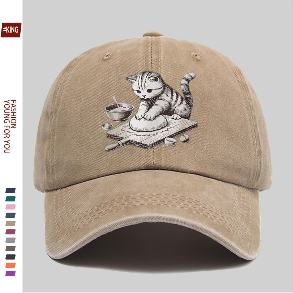Kitten Kneading Dough Baseball Cap Vintage Washed Denim Casual Adjustable Street Style Hat