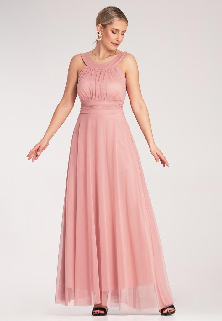 Elegancka Sukienka Wieczorowa - Sukienka Z Wiązaniem Z Tyłu - Różowa Sukienka Maxi M1171 R. S/M
