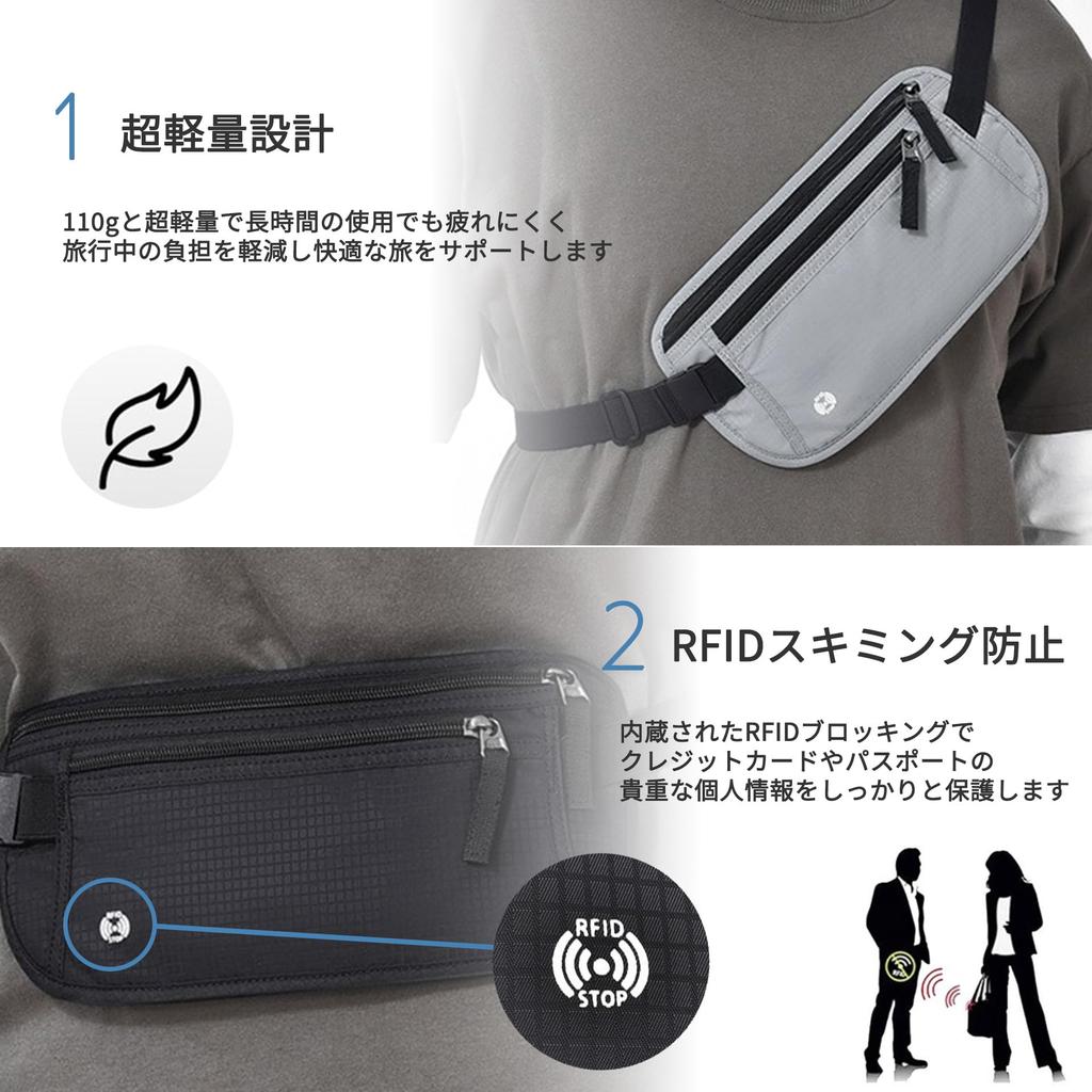 Komorebiya Security Passport Waist RFID Skimming OD19 Pouch, Case, Pouch, Prevention, (Black, B)