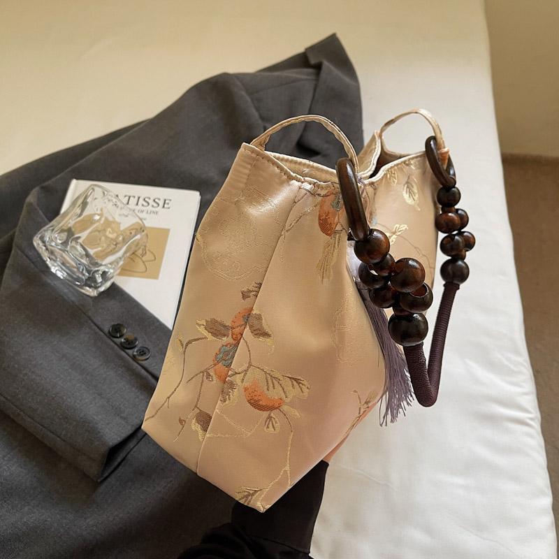 Retro Beige Embroidery Handbag Women Beaded Handle Large Capacity Shoulder Bag Ladies Elegant Luxury High End Underarm Bags