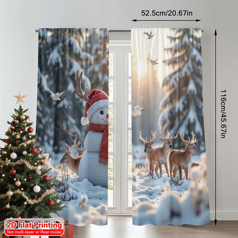 2pcs 2D Flat Printing Christmas Scene Curtain Snowman Deer Birds Winter Forest 100% Polyester Without Electricity Party &