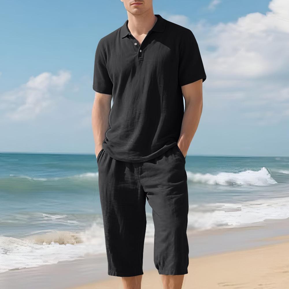 Men's Summer New Short Sleeve and Shorts Set, Made of Linen Fabric, A High-Quality Two-Piece Short Sleeve and Shorts Set