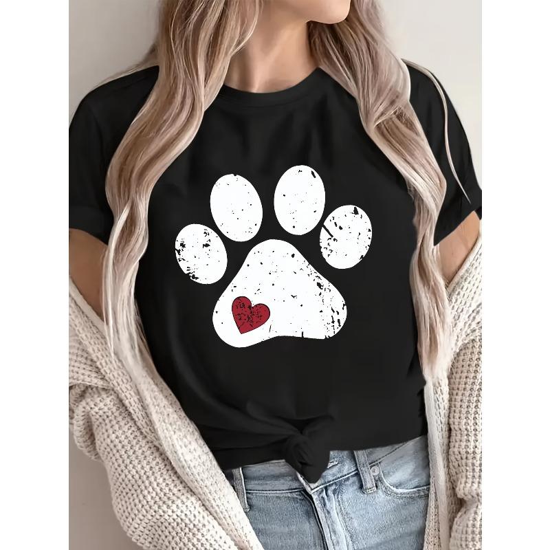 

European Size Plus Size - Plus Size - Casual Women S T-Shirt with Graphic Print - Short Sleeves, Crew Neck, White Featuring Black Paw 4XL