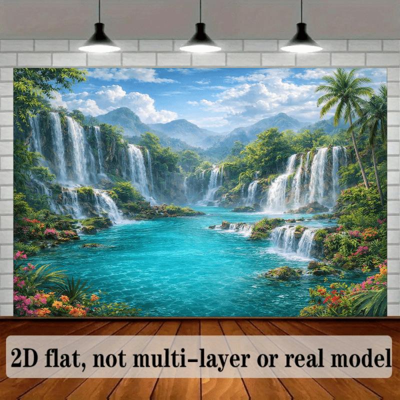 2D Plane Tropical Waterfall Landscape Background Fabric Cascading Waterfall Clear and Blue Water Pool Polyester Fiber