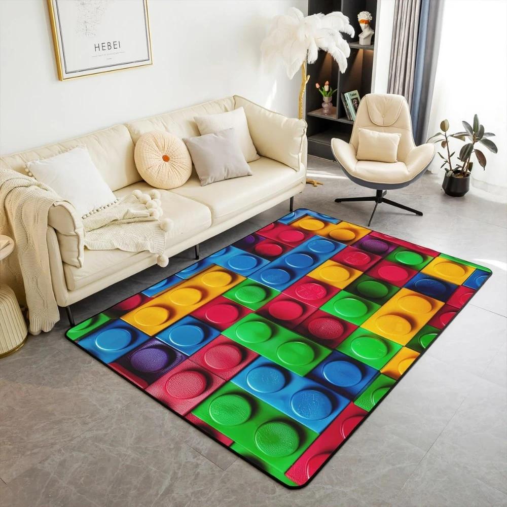 Rainbow Building Blocks Inspired Carpets for Living Room Decor Construction Carpet for Boys Girls Bedroom Washable Entrance Rug